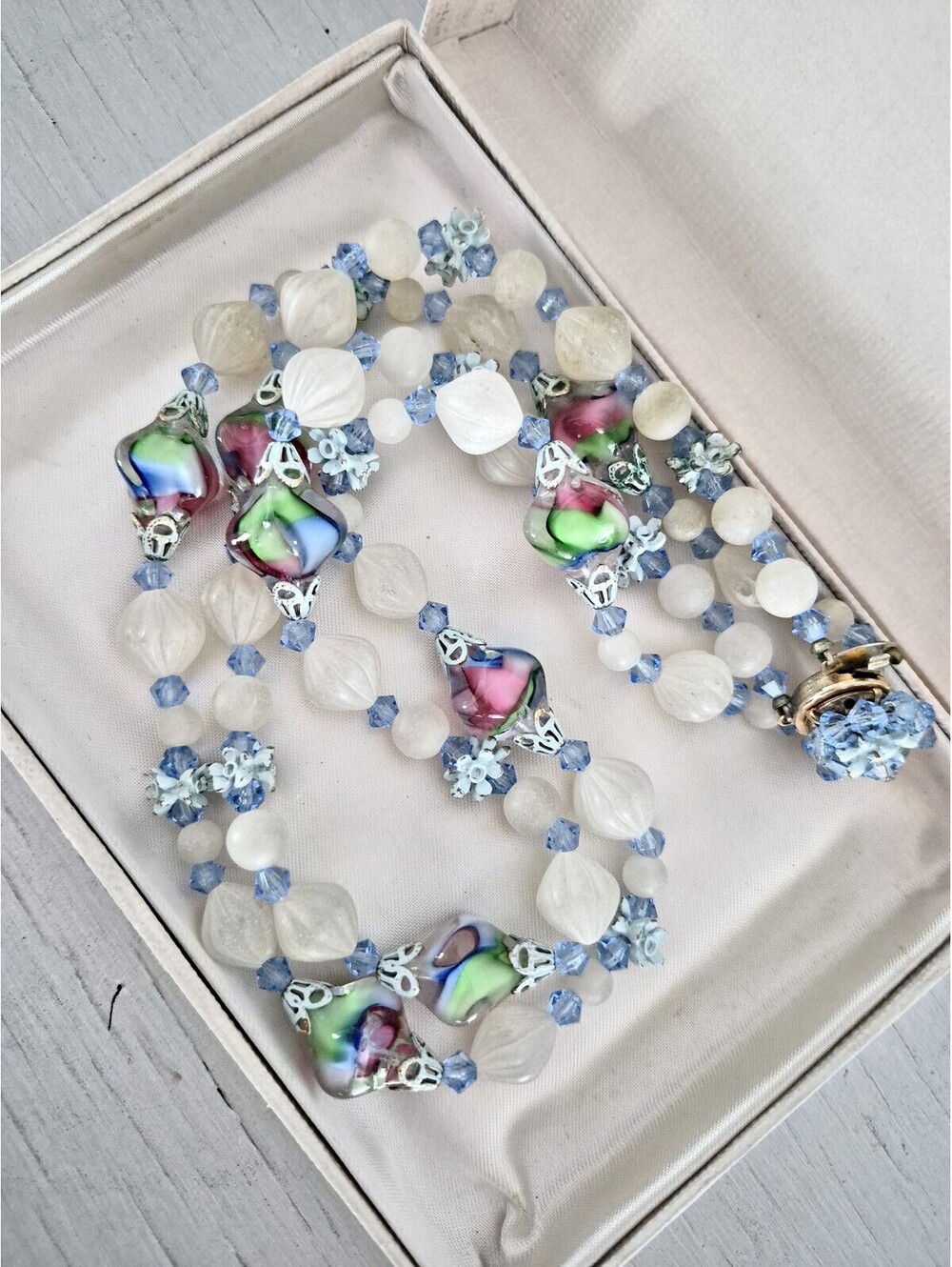 Vintage MCM Rainbow Givre Glass Blue Crystal Double Strand Necklace